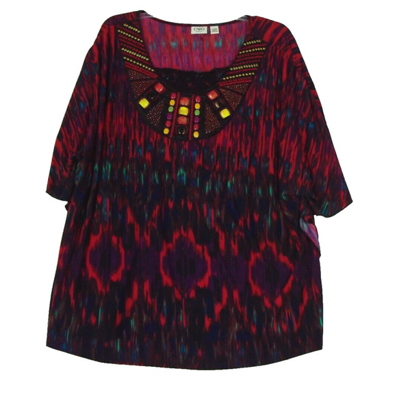 Cato Womens Size18/20W Short Sleeve Beaded Neck Pullover Top Boho Aztec Stretch - Picture 1 of 13